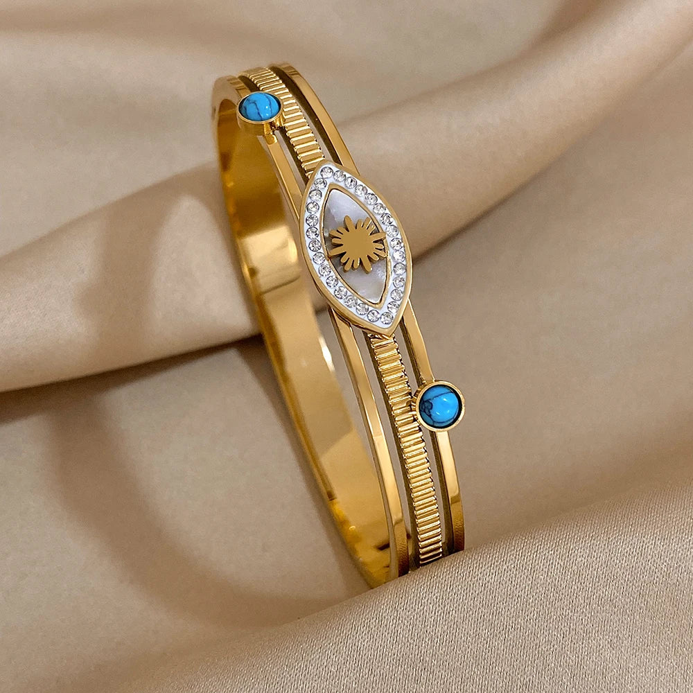 Exquisite Stainless Steel Evil Eye Charm Bracelet with Hollow Design & Rhinestones