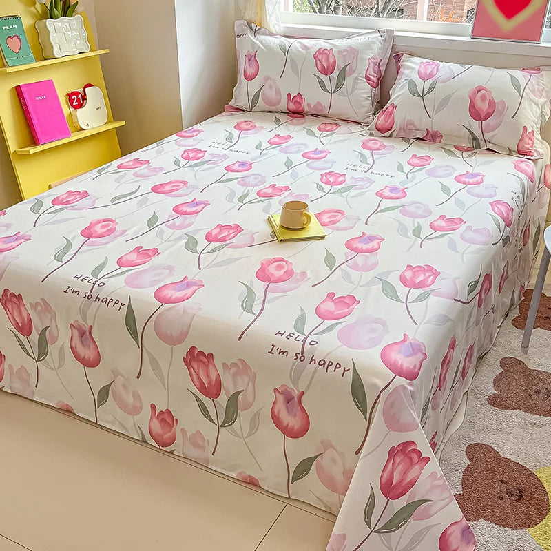 🌸 1-Piece 100% Cotton Flower Print Bed Sheet – Single/Double/Queen/King Size, Kids & Adults Bedding
