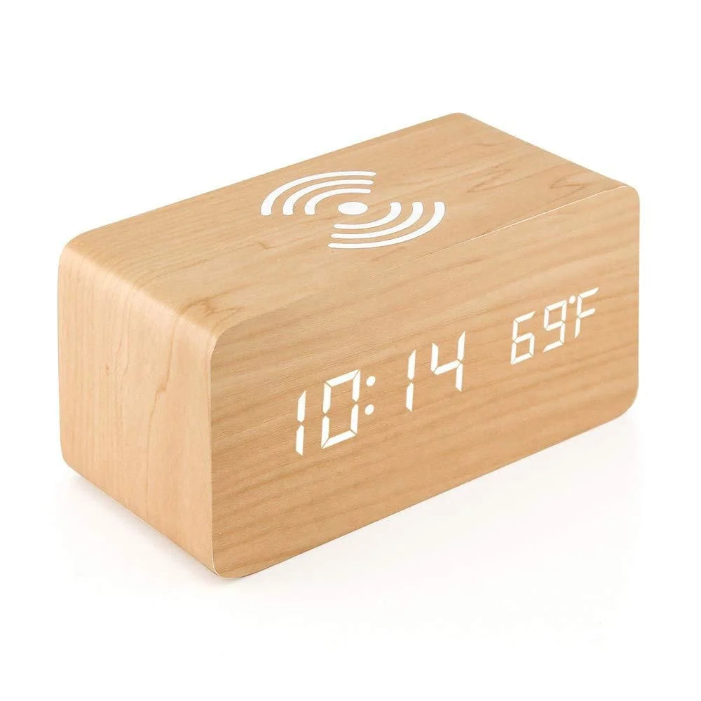 LED Digital Wooden Alarm Clock ā USB/AAA Powered Table Clock with Temperature, Humidity, Wireless Charging for Desk