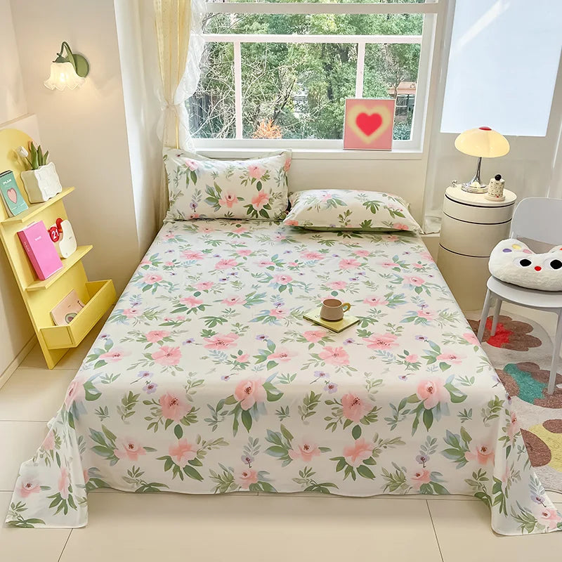 🌸 1-Piece 100% Cotton Flower Print Bed Sheet – Single/Double/Queen/King Size, Kids & Adults Bedding
