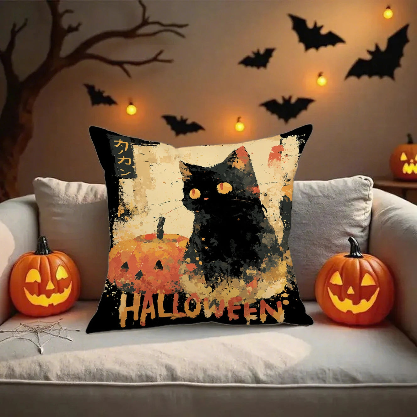 🎃 Halloween Cat Pattern Pillowcase 🐱 | Decorative Cushion Cover for Sofa, Car & Bedroom 🏡