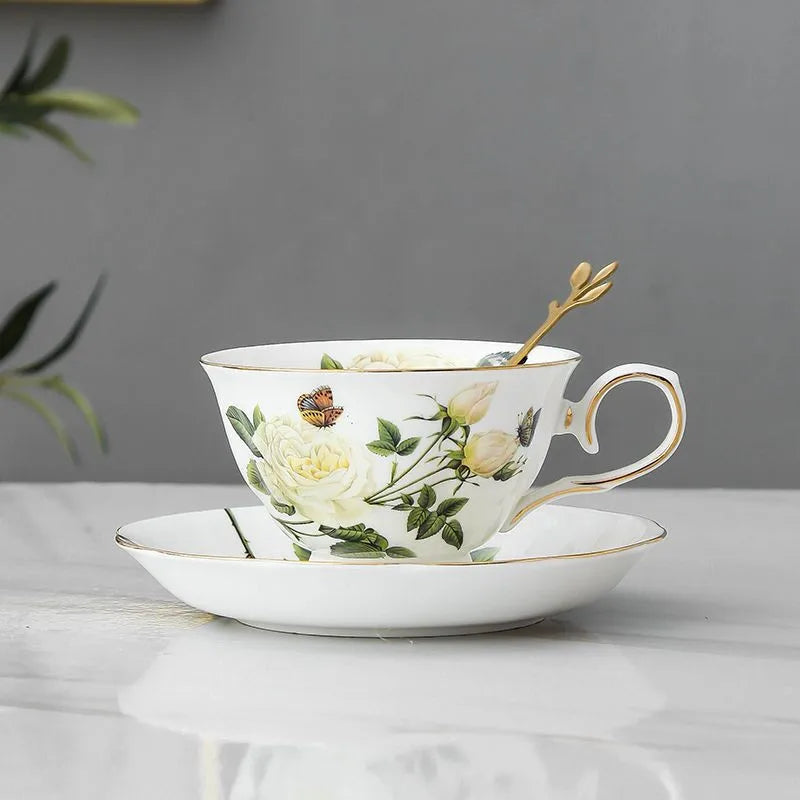 Ceramic Coffee Cup, Saucer & Spoon Set โ European Porcelain Mug with Flower Design, Coffee & Tea Gift Set