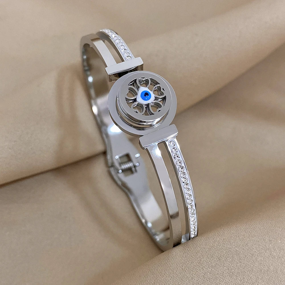Exquisite Stainless Steel Evil Eye Charm Bracelet with Hollow Design & Rhinestones