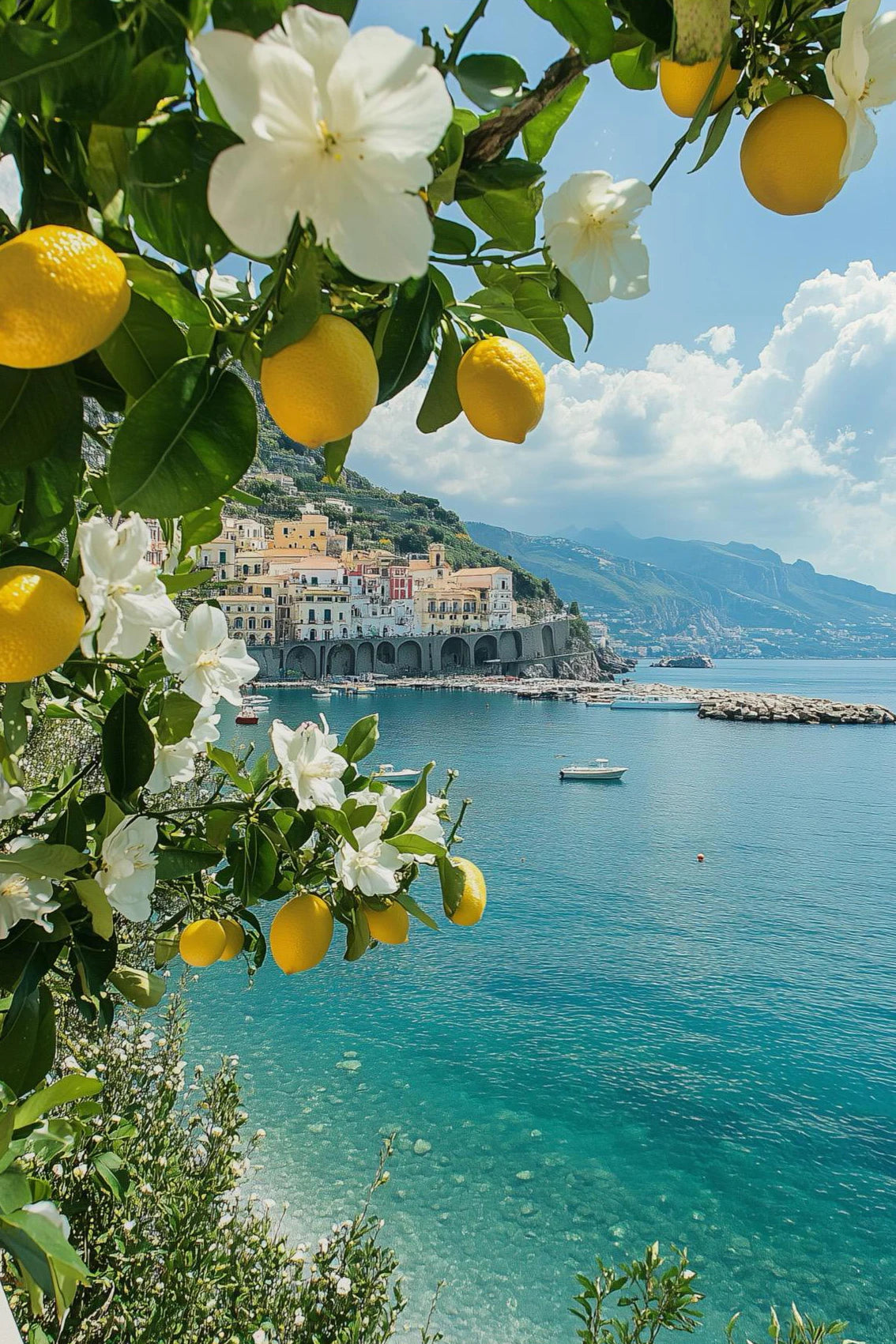 Retro Mediterranean Landscape Canvas – Greek Lemon, Orange & Olive Tree Wall Art