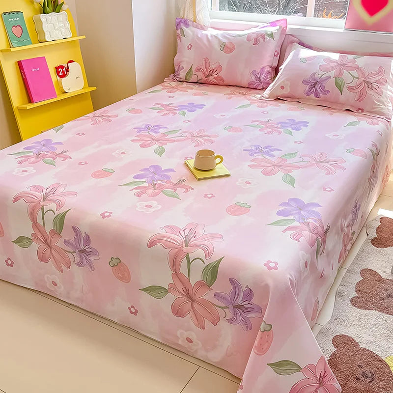 🌸 1-Piece 100% Cotton Flower Print Bed Sheet – Single/Double/Queen/King Size, Kids & Adults Bedding