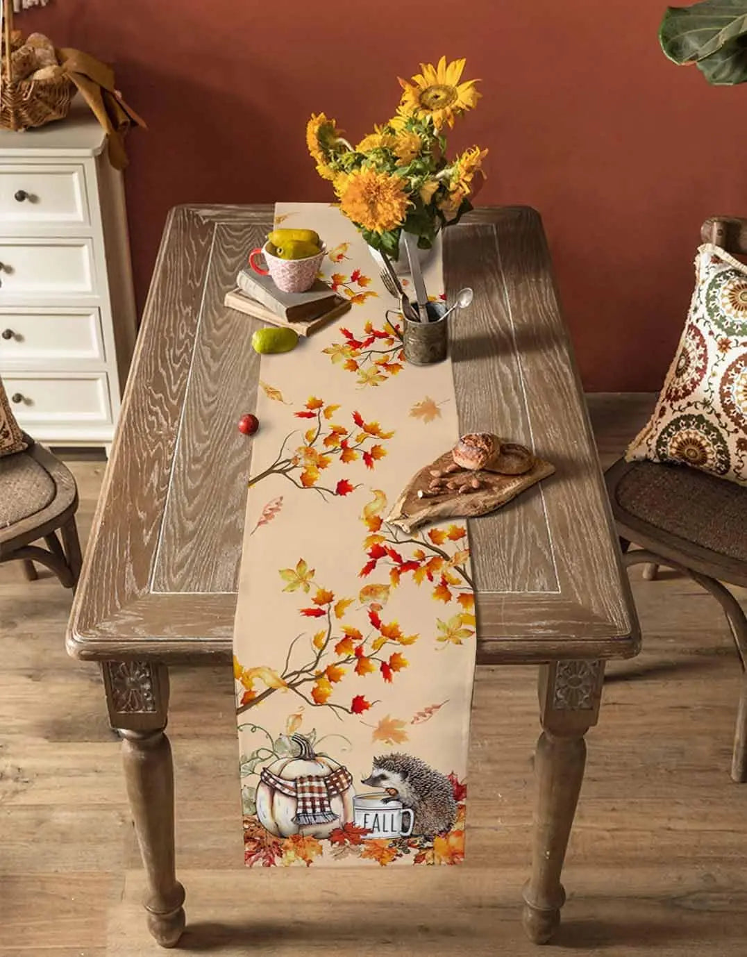 🦔🎃 Festive Fall Linen Table Runner for Thanksgiving 🍁
