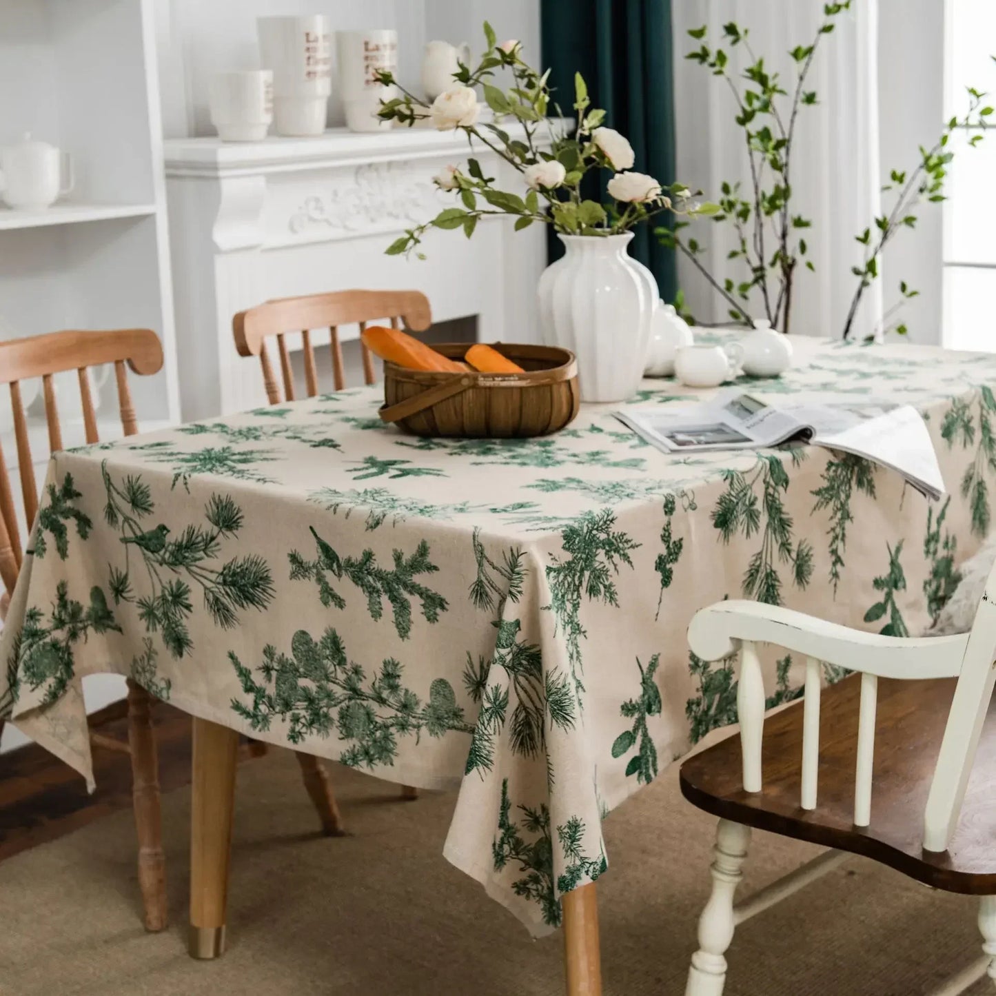 🍃 Cotton Linen Pine Printed Rectangular Tablecloth 🏡 | Handmade Pastoral Style 🌿 | Perfect for Dining, Parties, Weddings & Home Decor ✨