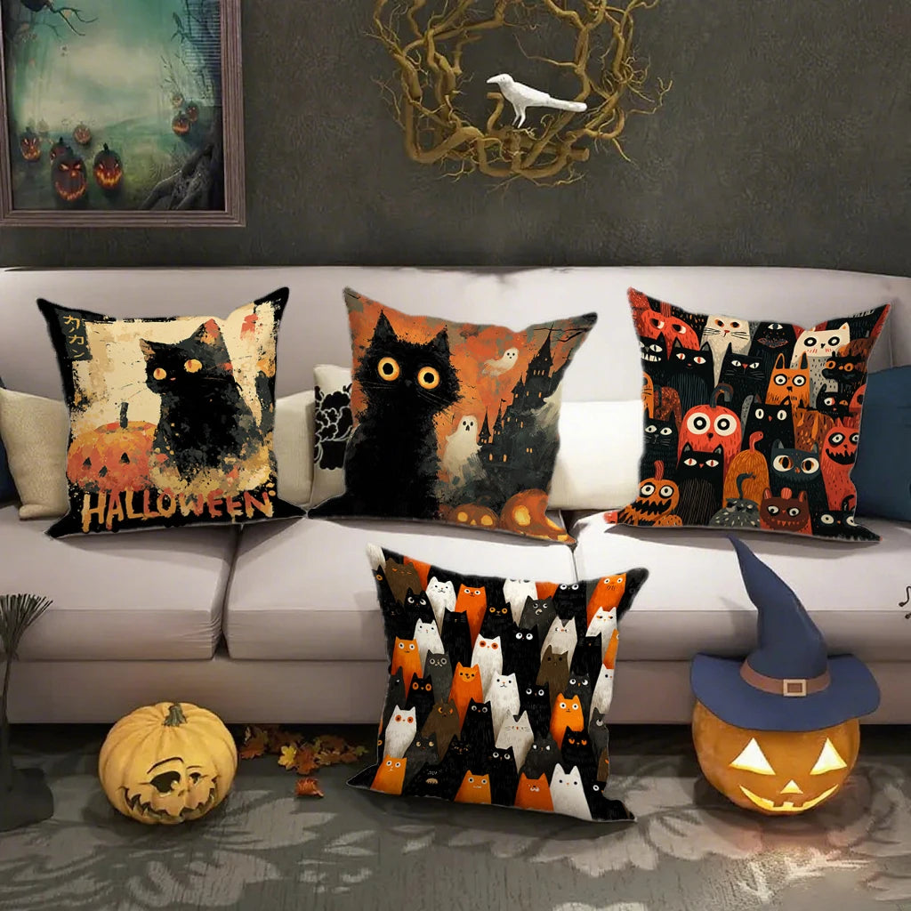 🎃 Halloween Cat Pattern Pillowcase 🐱 | Decorative Cushion Cover for Sofa, Car & Bedroom 🏡