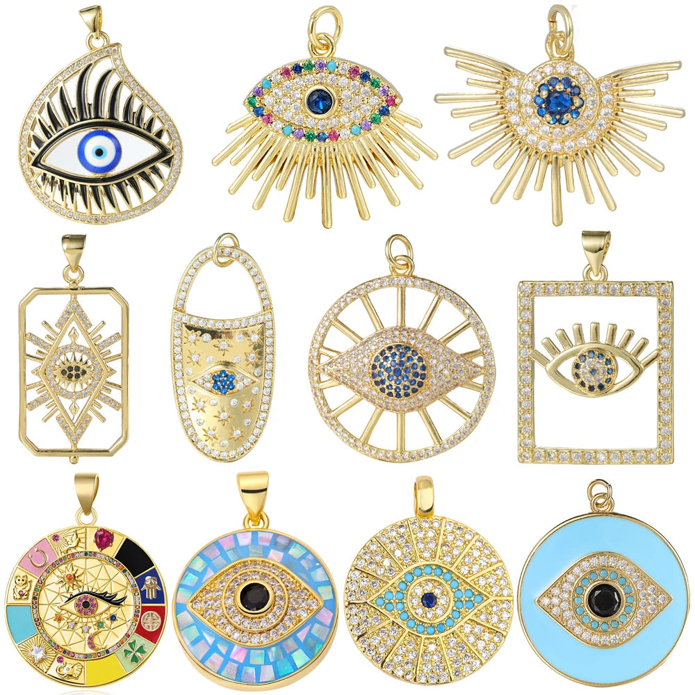👁️ Juya 18K Gold Plated Greek Evil Eye Charms – Handmade Luxury Pendants with Cubic Zirconia for DIY Jewelry Making