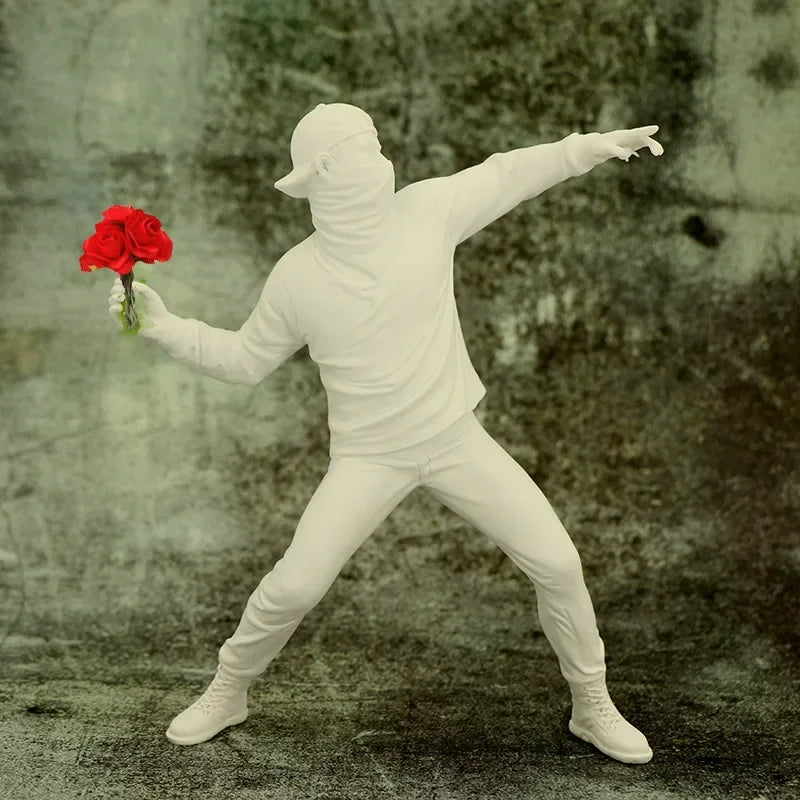 Modern Banksy-Inspired Flower Thrower Resin Sculpture – Designer Figurine for Living Room & Home Décor