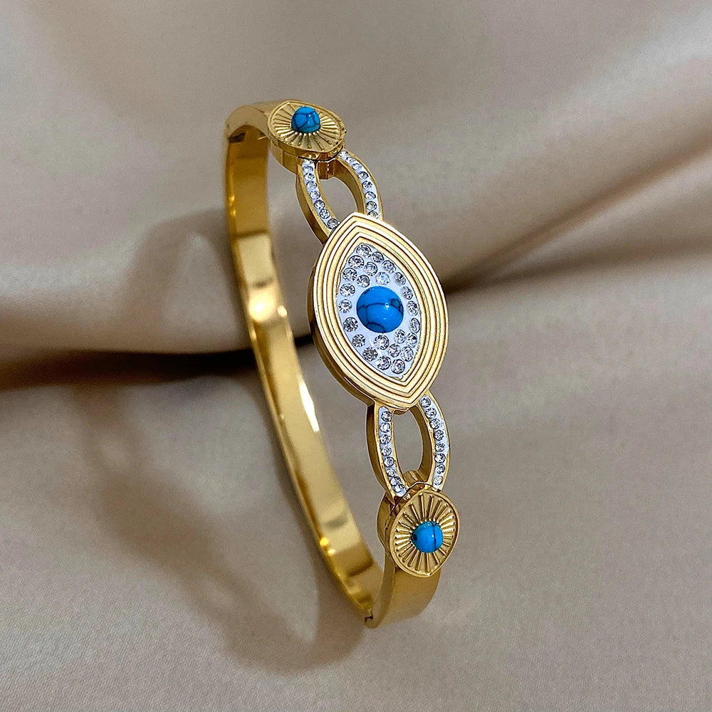 Exquisite Stainless Steel Evil Eye Charm Bracelet with Hollow Design & Rhinestones