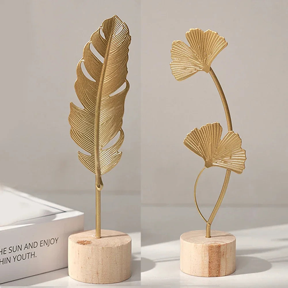 Golden Leaf & Feather Metal Figurines