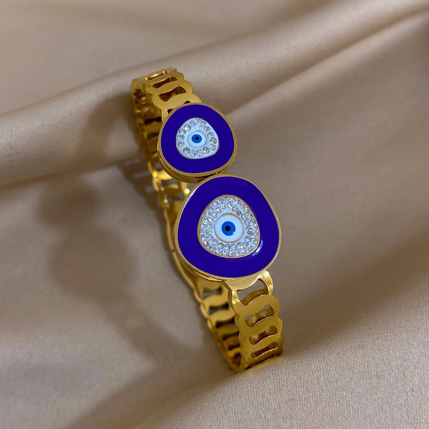 Exquisite Stainless Steel Evil Eye Charm Bracelet with Hollow Design & Rhinestones