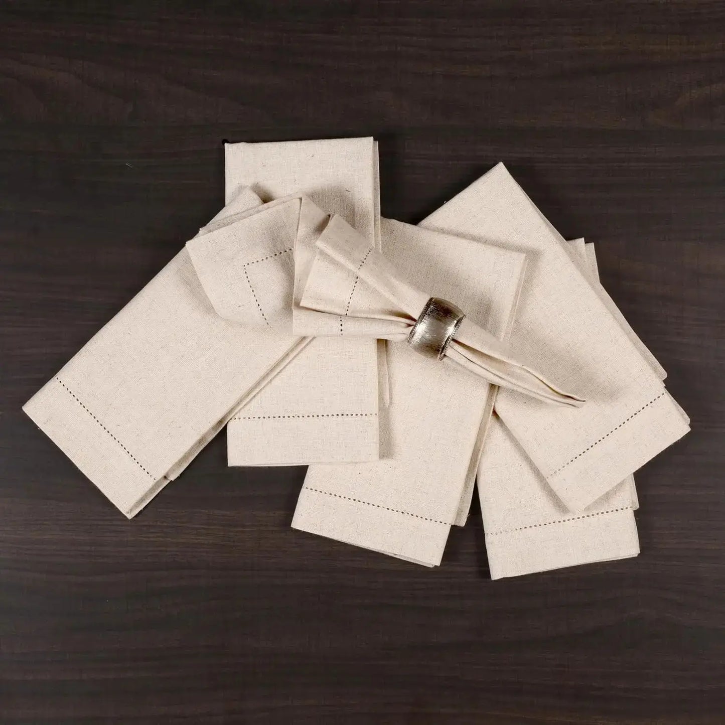Set of 6 Hemstitched Natural Linen Napkins – Christmas Cloth, Washable Flax Dinner Napkins