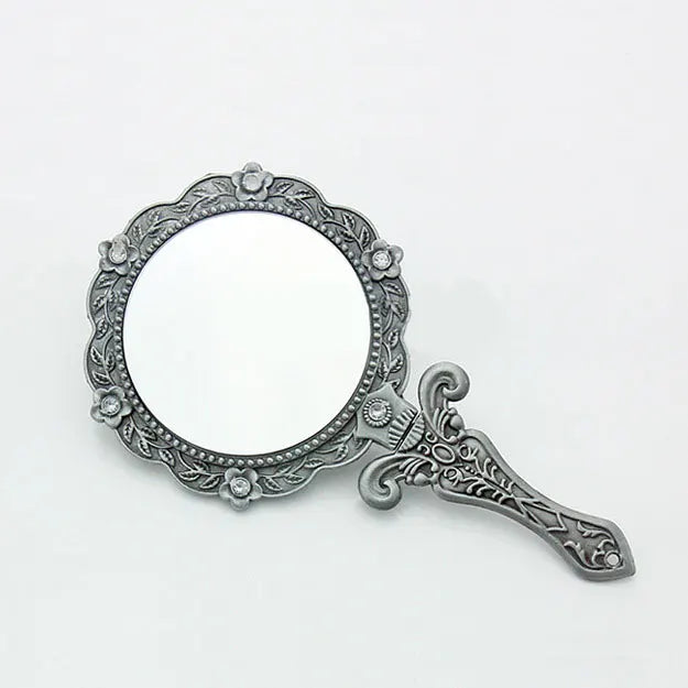 "Vintage Metal Handheld Makeup Mirror – Mini Folding Compact Mirror with Long Handle, Elegant Cosmetic Mirror for Women