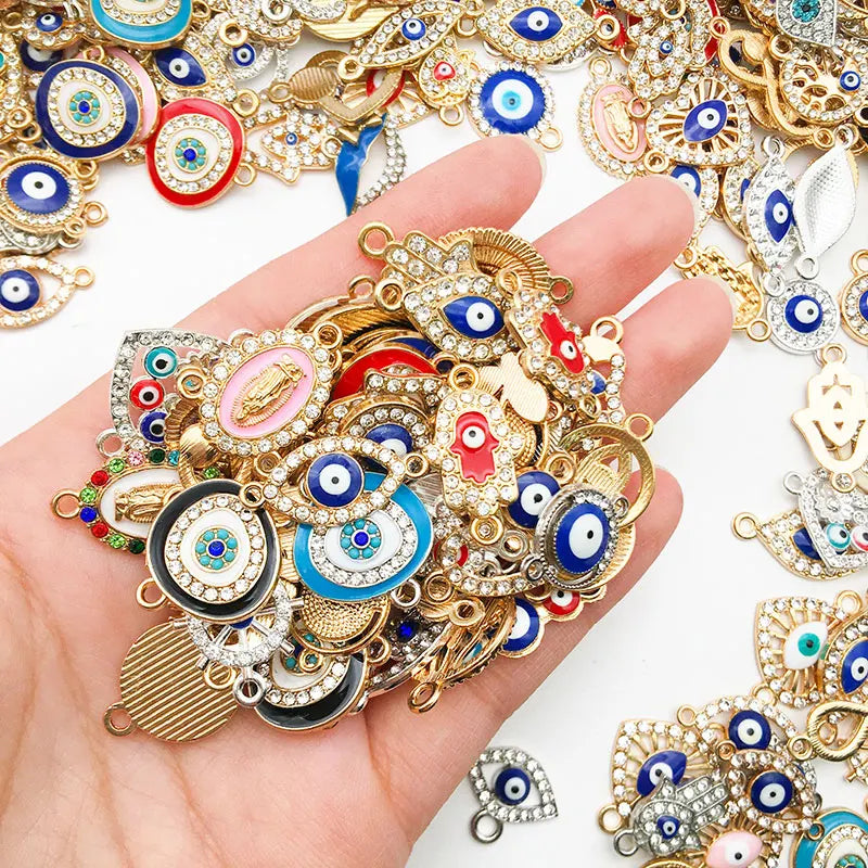 Blue Evil Eye Talismans with Sparkling Crystals – Protection Amulet Charms for Jewelry Making & Home Décor