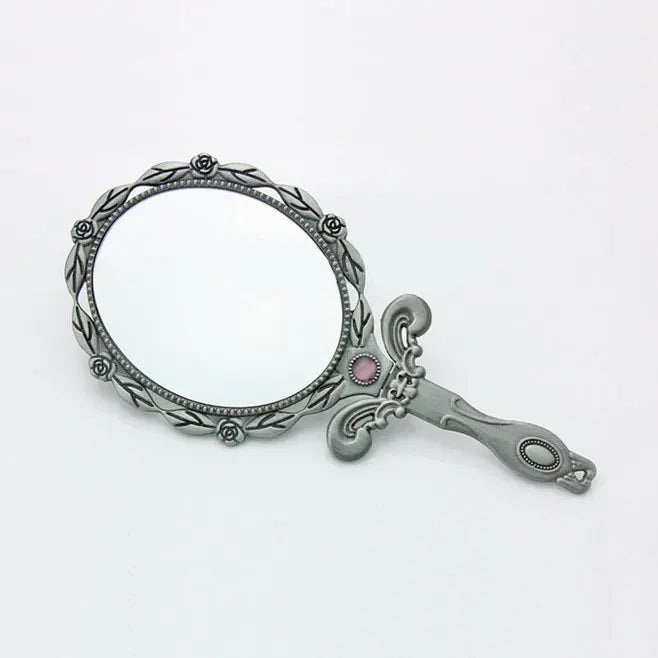 "Vintage Metal Handheld Makeup Mirror – Mini Folding Compact Mirror with Long Handle, Elegant Cosmetic Mirror for Women