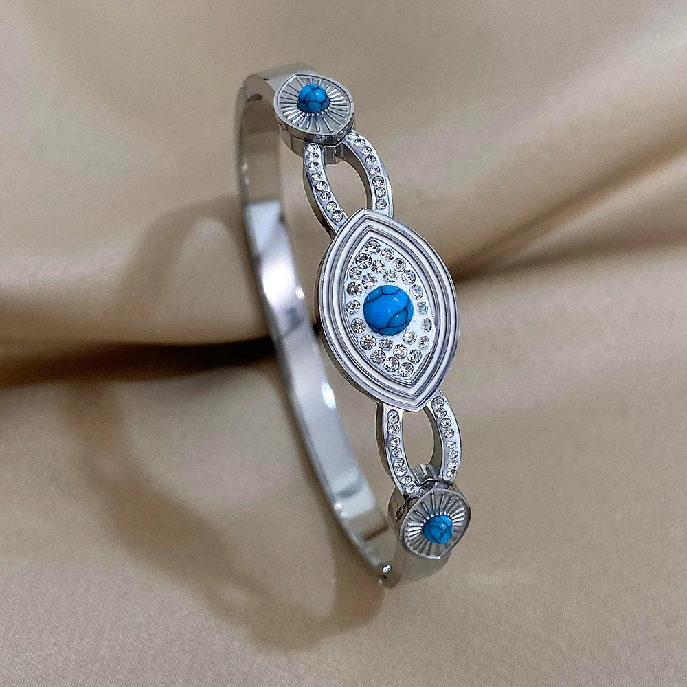 Exquisite Stainless Steel Evil Eye Charm Bracelet with Hollow Design & Rhinestones