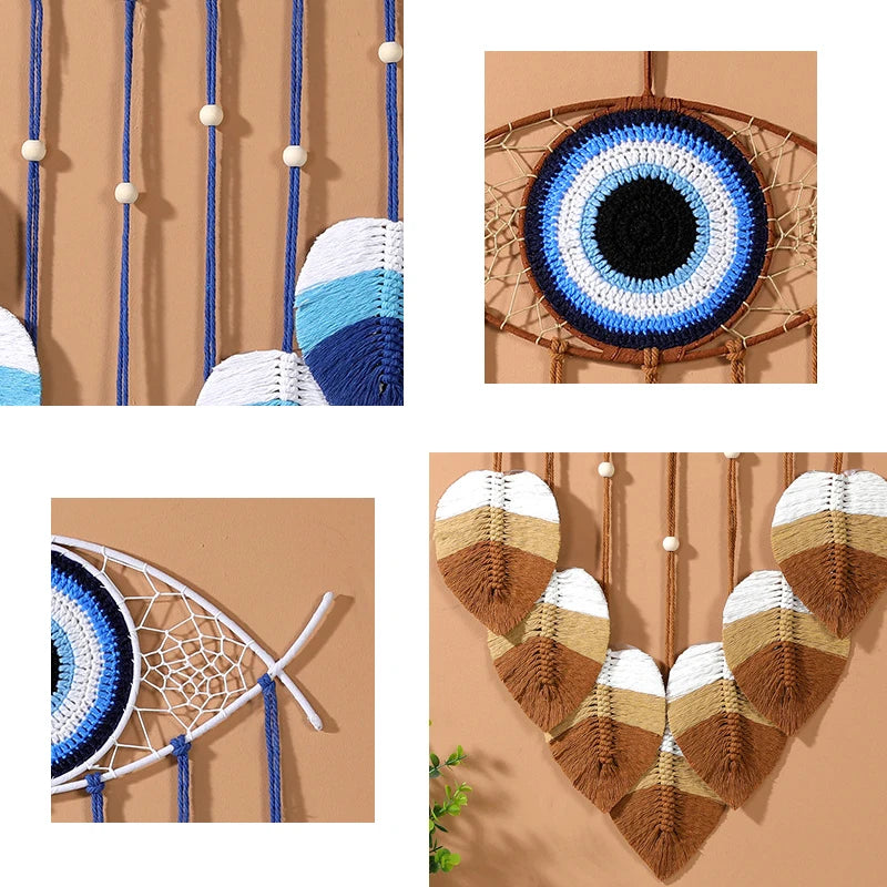 ๐งฟ Blue Evil Eye Dreamcatcher with Macrame Leaves โ Handmade Boho Wall Hanging for Home & Bedroom
