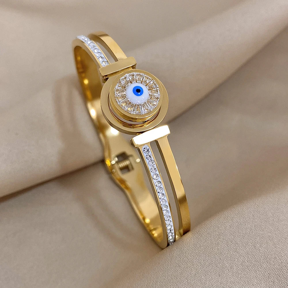 Exquisite Stainless Steel Evil Eye Charm Bracelet with Hollow Design & Rhinestones
