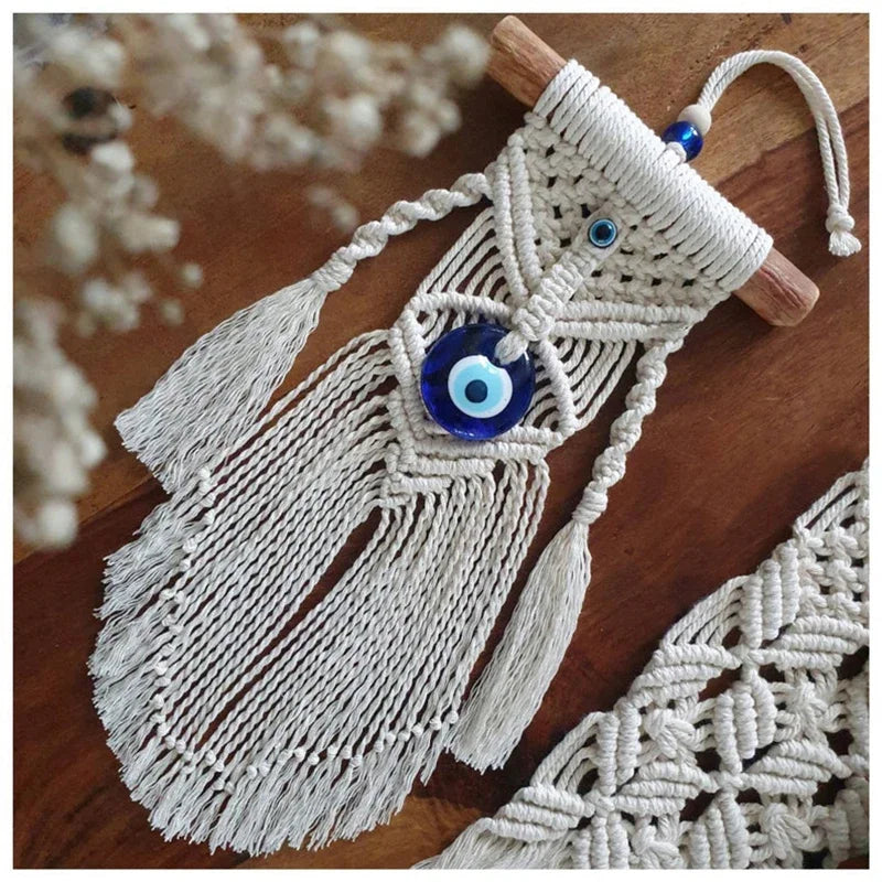 Handmade Macrame Wall Hanging with Blue Greek Evil Eye