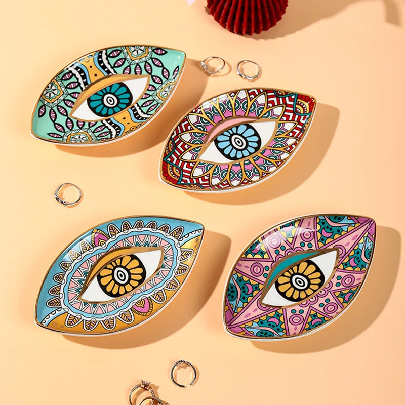 Greek Evil Eye Ceramic Jewelry Tray – Trinket Dish for Rings, Earrings & Necklaces – Decorative Plate for Home Decor