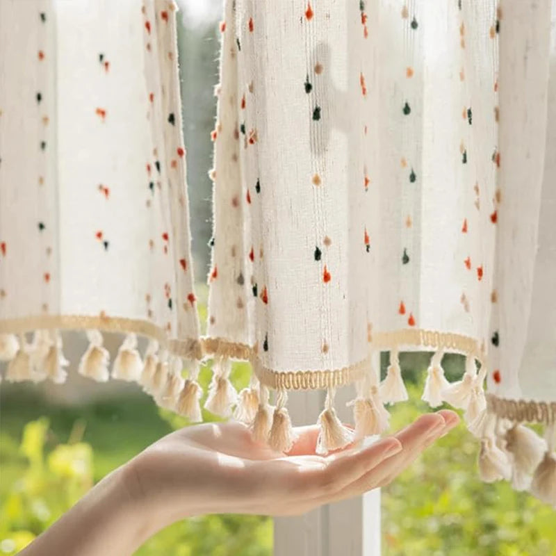 🌈 Tassel Edge Rainbow Ball Linen Curtains 🏡 | Translucent Gauze Drapes for Living Room, Bedroom & Kitchen ✨