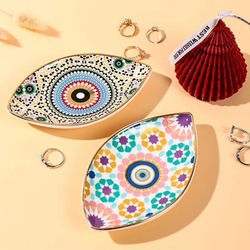 Greek Evil Eye Ceramic Jewelry Tray – Trinket Dish for Rings, Earrings & Necklaces – Decorative Plate for Home Decor