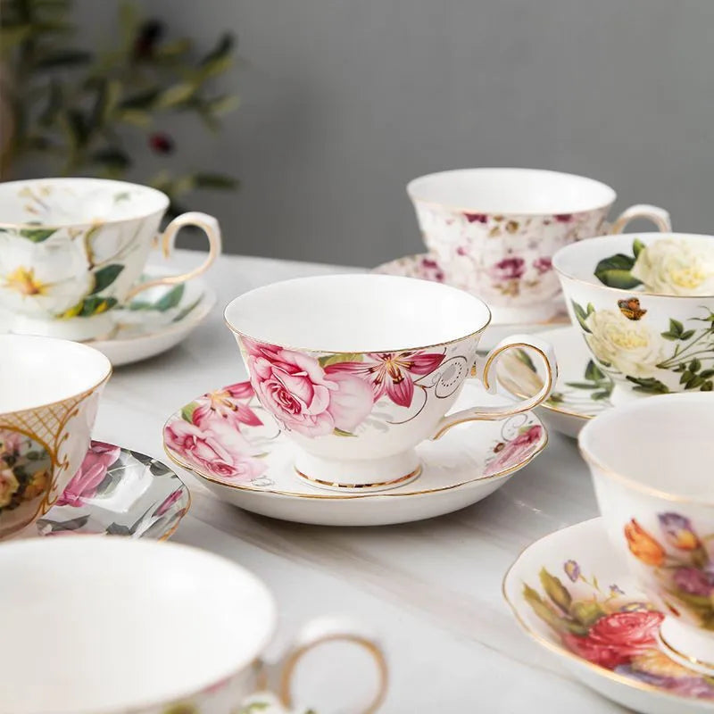 Ceramic Coffee Cup, Saucer & Spoon Set โ European Porcelain Mug with Flower Design, Coffee & Tea Gift Set