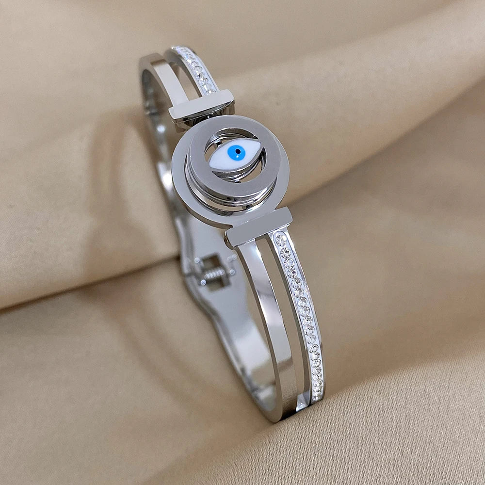 Exquisite Stainless Steel Evil Eye Charm Bracelet with Hollow Design & Rhinestones