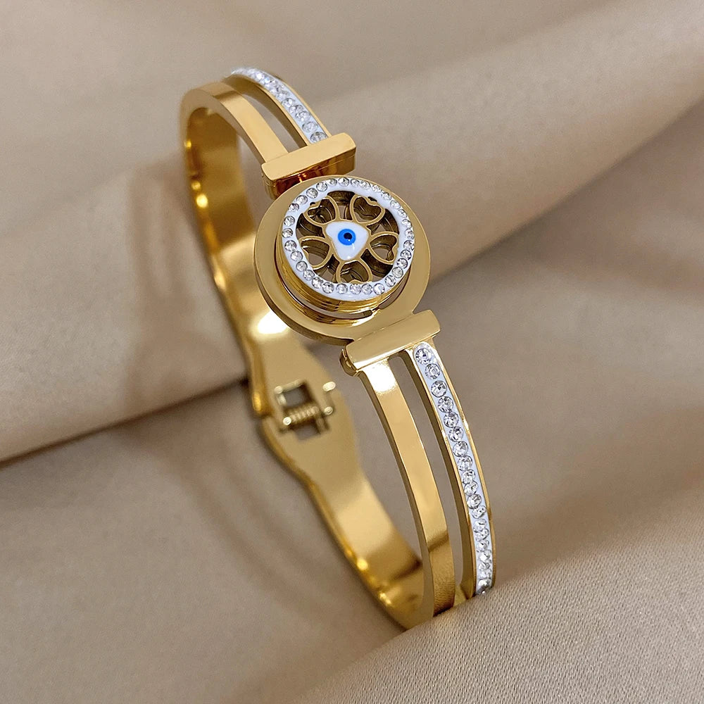 Exquisite Stainless Steel Evil Eye Charm Bracelet with Hollow Design & Rhinestones