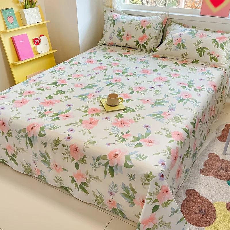 🌸 1-Piece 100% Cotton Flower Print Bed Sheet – Single/Double/Queen/King Size, Kids & Adults Bedding