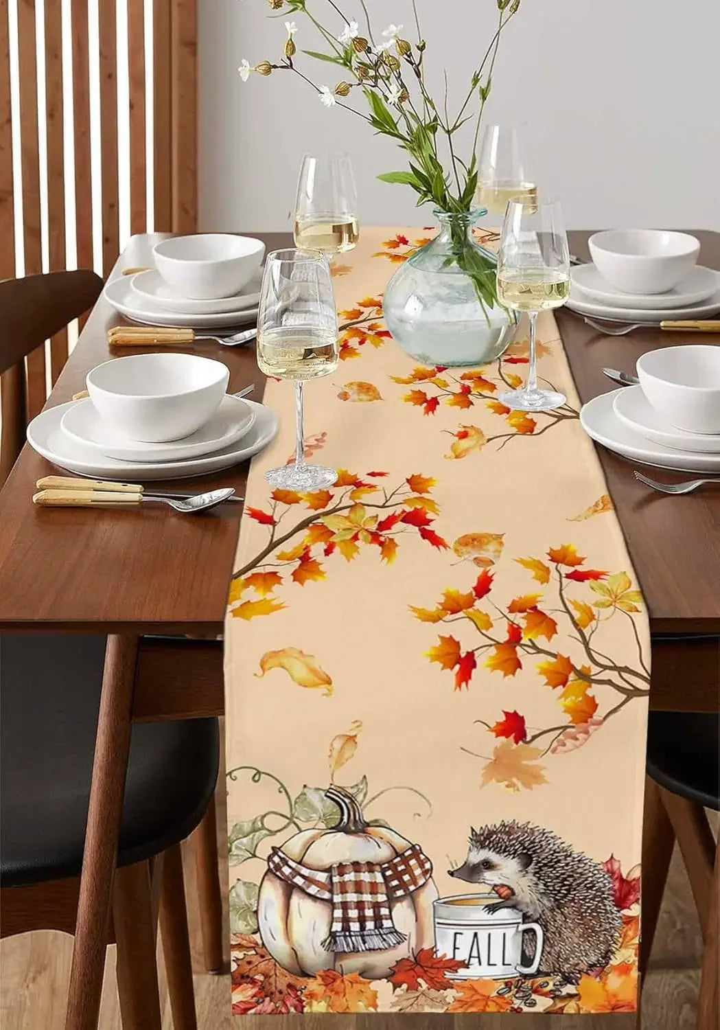 🦔🎃 Festive Fall Linen Table Runner for Thanksgiving 🍁