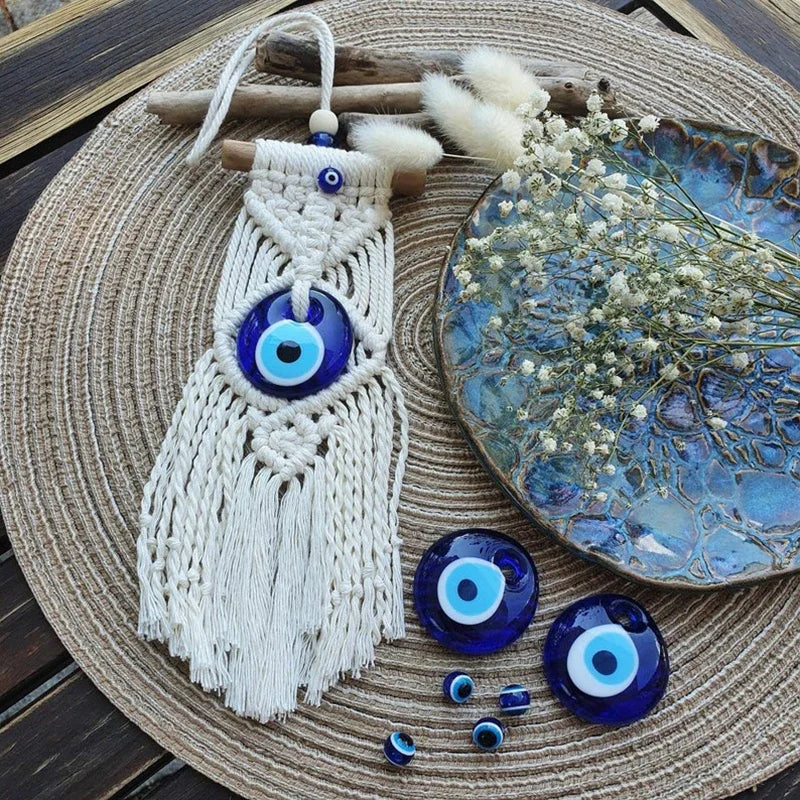 Handmade Macrame Wall Hanging with Blue Greek Evil Eye