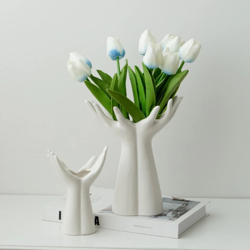 Ceramic Hand-Shaped Flower Vase โ Elegant Porcelain Ornament for Unique Home Decoration