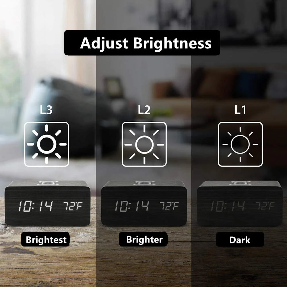 LED Digital Wooden Alarm Clock ā USB/AAA Powered Table Clock with Temperature, Humidity, Wireless Charging for Desk