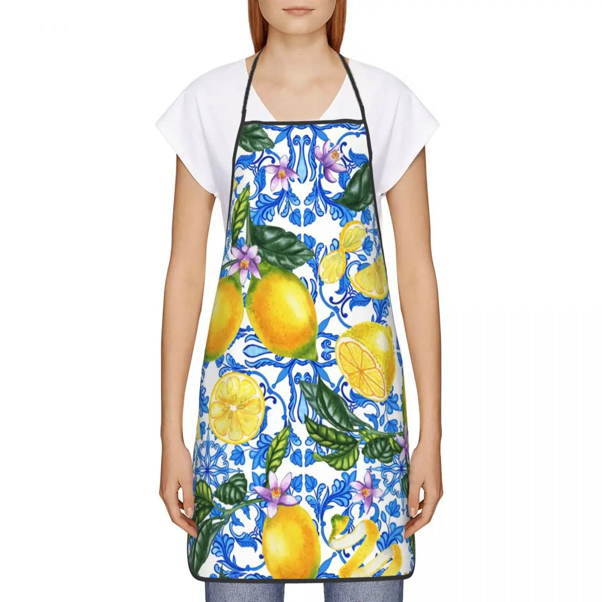 Custom Sicilian Tiles Summer Fruit Apron โ Oranges & Lemons Bib for Women & Men, Unisex Kitchen Cooking Tablier