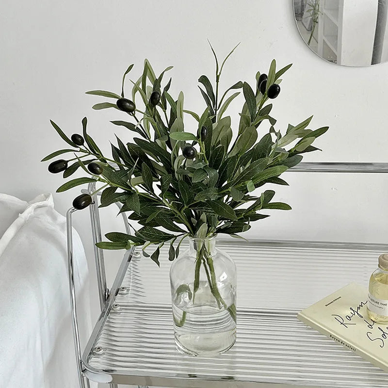 45CM Artificial Olive Branch with Fruit – 4-Fork Green Leaf Stem for Home Decoration & Photography Prop