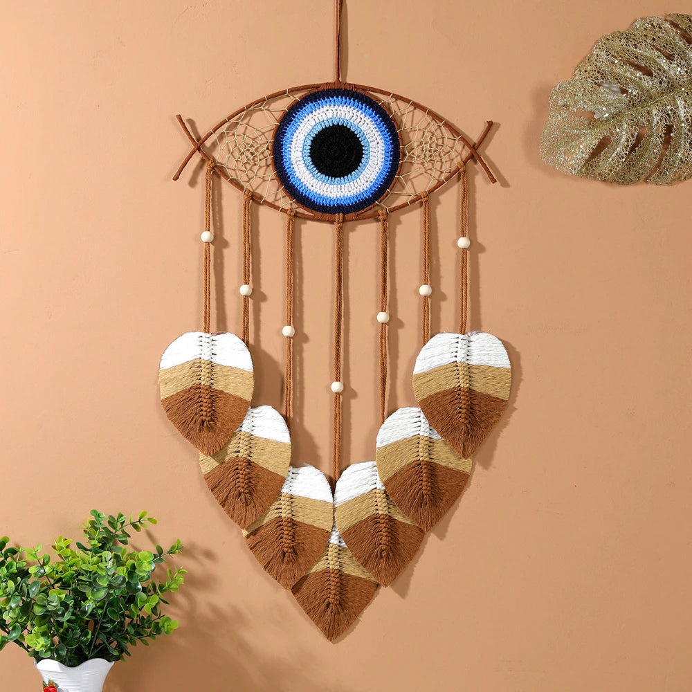 ๐งฟ Blue Evil Eye Dreamcatcher with Macrame Leaves โ Handmade Boho Wall Hanging for Home & Bedroom