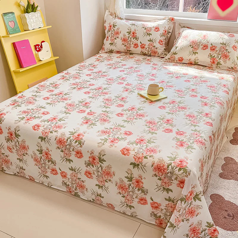 🌸 1-Piece 100% Cotton Flower Print Bed Sheet – Single/Double/Queen/King Size, Kids & Adults Bedding