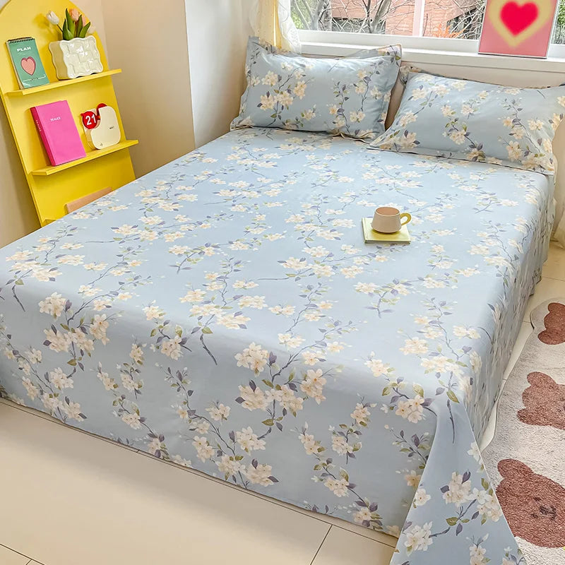 🌸 1-Piece 100% Cotton Flower Print Bed Sheet – Single/Double/Queen/King Size, Kids & Adults Bedding