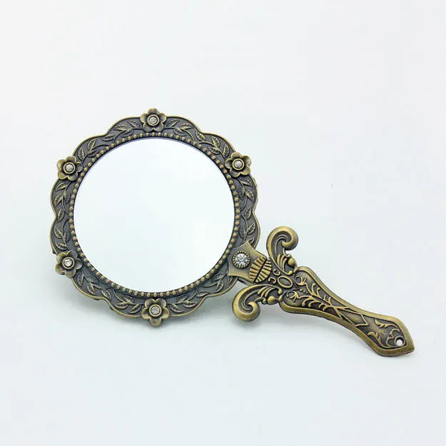 "Vintage Metal Handheld Makeup Mirror – Mini Folding Compact Mirror with Long Handle, Elegant Cosmetic Mirror for Women