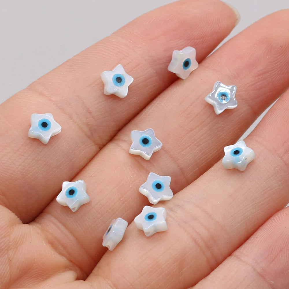 🧿 4Pcs Natural Sea Shell Evil Eye Charms – Blue Greek Eye & Mother of Pearl Beads for DIY Jewelry, Bracelets & Necklaces