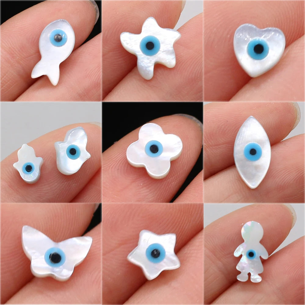 🧿 4Pcs Natural Sea Shell Evil Eye Charms – Blue Greek Eye & Mother of Pearl Beads for DIY Jewelry, Bracelets & Necklaces