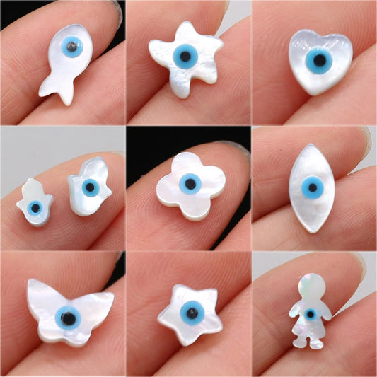 🧿 4Pcs Natural Sea Shell Evil Eye Charms – Blue Greek Eye & Mother of Pearl Beads for DIY Jewelry, Bracelets & Necklaces