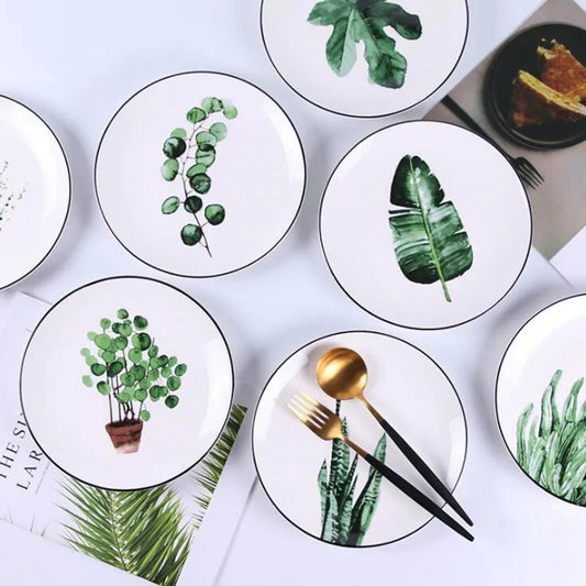 🌿 8-Inch Green Plants Ceramic Dinner Plate 🍽️