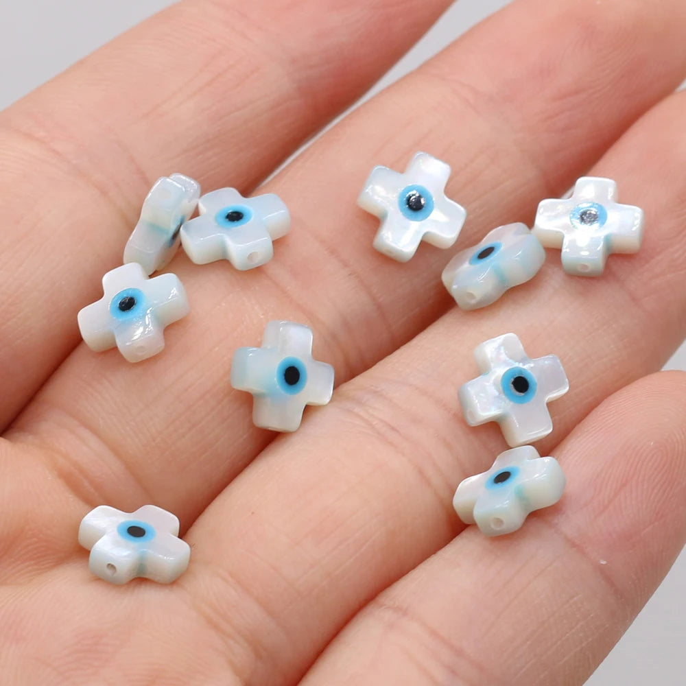 🧿 4Pcs Natural Sea Shell Evil Eye Charms – Blue Greek Eye & Mother of Pearl Beads for DIY Jewelry, Bracelets & Necklaces