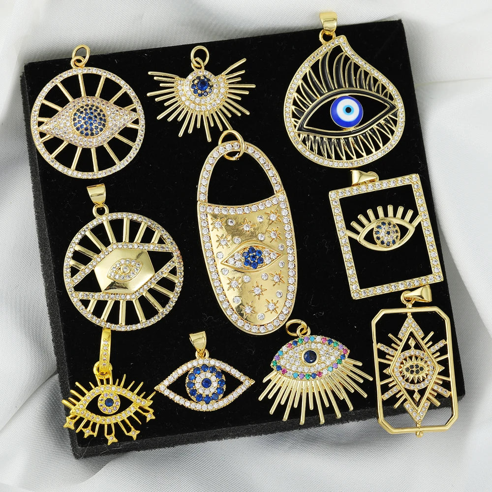 👁️ Juya 18K Gold Plated Greek Evil Eye Charms – Handmade Luxury Pendants with Cubic Zirconia for DIY Jewelry Making