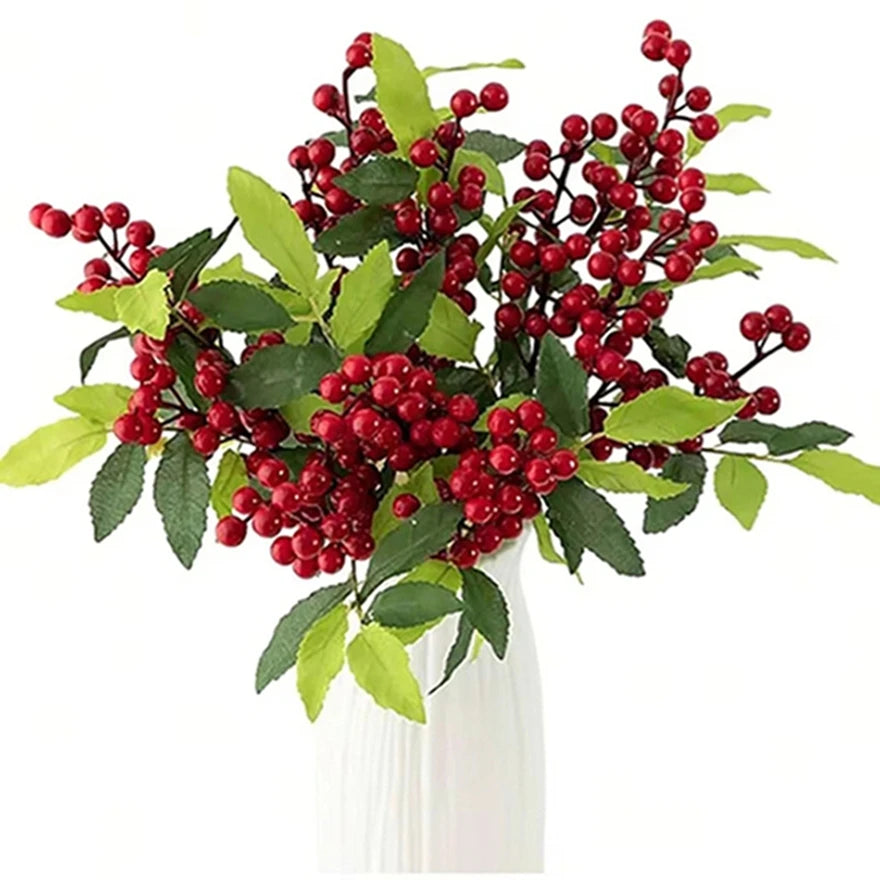 Artificial Holly Red Berry Branches (5/10 Pcs) 🌿 | Christmas, Wedding & Home Table Decor | PVC Faux Plants