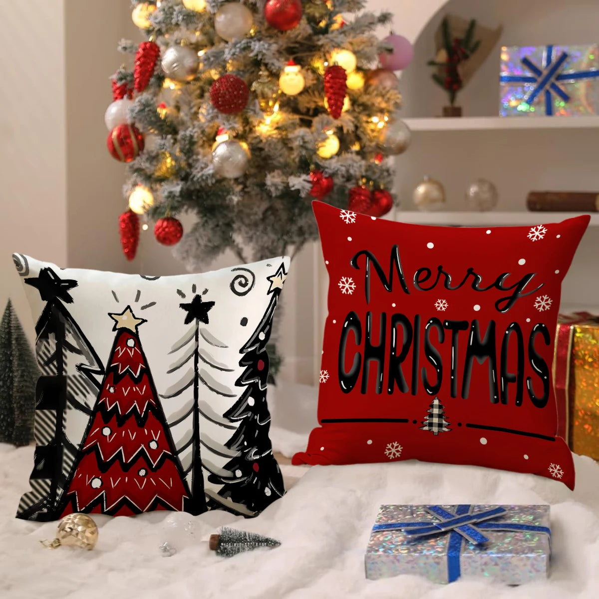 ❄️Red Snowflake & Letter Printed Christmas Pillow Covers (1/4pcs) - Festive Holiday Cushion Decor 🎄